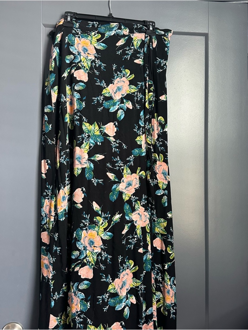 Xhilaration Black Maxi Skirt with Pink Floral & Green Leaves